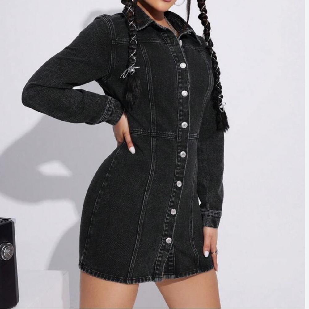 Zara Washed Denim Bottom Up Long Sleeve Mini Dress | SIZE S - Picture 1 of 7
